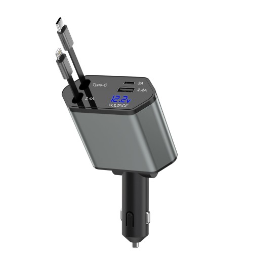 Retractable Car Charger,66W 4 in 1 iPhone 16 15 Car Charger Adapter with 2 Retractable iPhone ChargerCables(USB C & Lightning),2 USB Ports(USB C & USB A) for iPhone 16 15 14 13 12 11,iPad Pro Air Mini